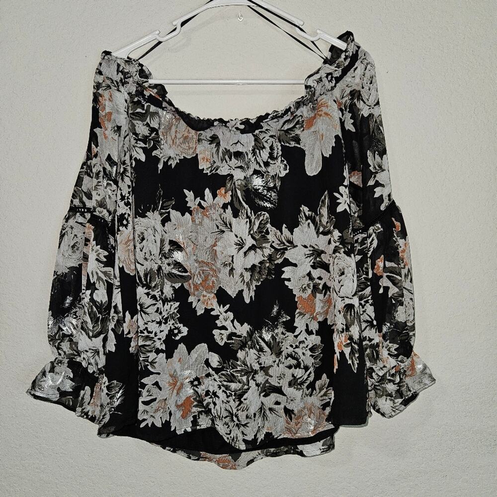 T.D.C Pull Over Blouse Size Large Black with Floral Print Bell Sleeves